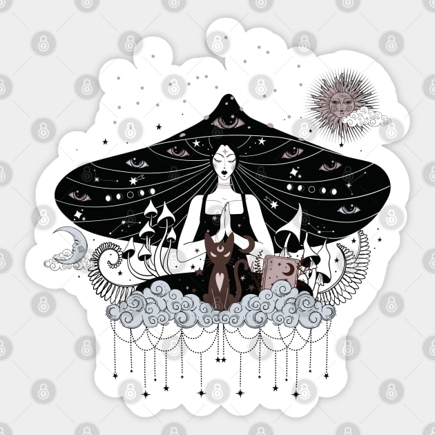 Meditating mushroom witch Sticker by MonochromeEcho